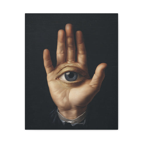 A high-contrast matte canvas print featuring a surrealist artwork. Centered against a dark, textured charcoal background, a realistic, pale hand is held up, palm forward. Embedded in the center of the palm is a detailed, light blue human eye, looking directly at the viewer. The hand emerges from a formal, dark suit cuff with a white ruffled sleeve, adding a touch of vintage, academic style. The overall mood is mysterious, gothic, and scholarly, suitable for dark academia or maximalist decor.